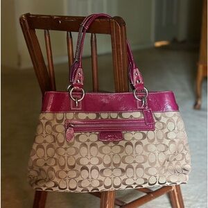 Coach Brown Signature Penelope with Plum Patent Carryall Shopper Tote F15534